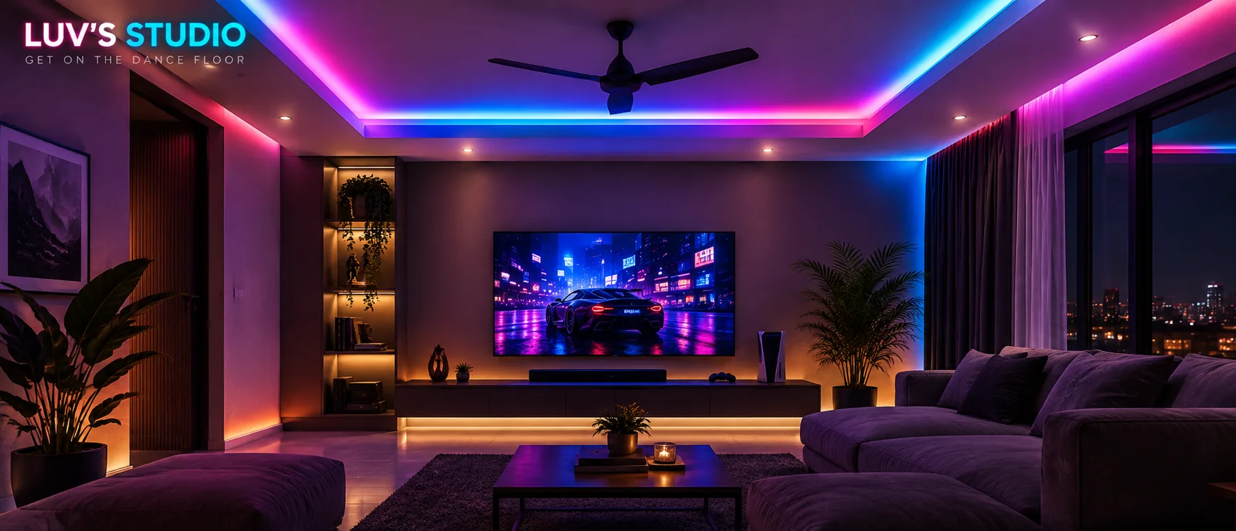 The same room lit with LUV'S STUDIO RGBIC lights